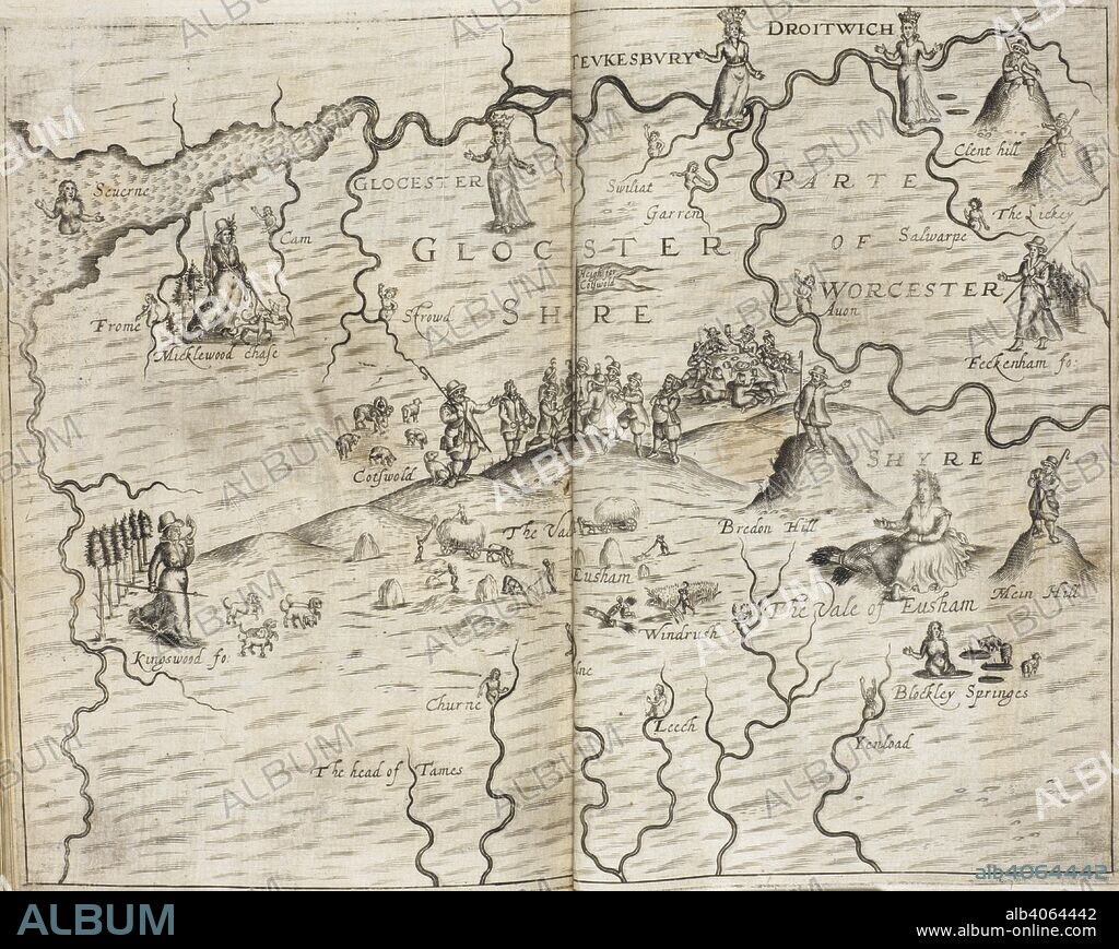 A map of Gloucestershire and part of Worcestershire. A map of England and Wales, the physical features greatly exaggerated, and showing the manners and customs of the people. Engraved by W Hole. London : M. Lawnes, [1613]. Source: 79.h.2, after page 226. Language: English.