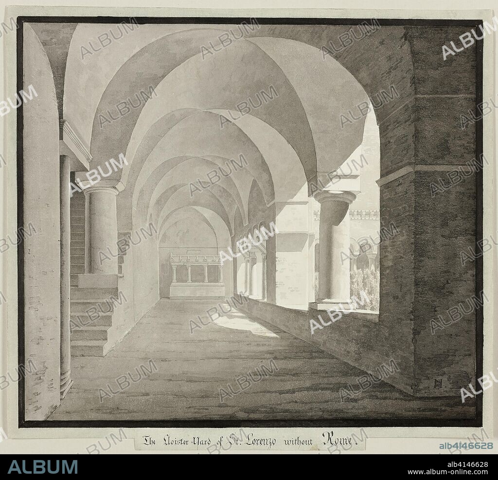 The Cloister of San Lorenzo Fuori le Mura, Rome. Unknown Artist; German or Scandinavian, 19th century. Date: 1827. Dimensions: 276 × 303 mm. Brush and various gray washes over traces of graphite, on ivory wove paper, laid down on cream wove paper. Origin: Germany.