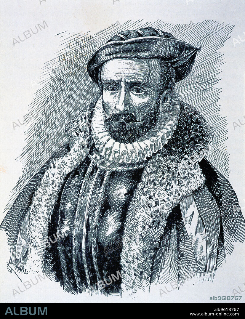 Alvaro Mendaña de Neira (1541-1595), Spanish navigator, he sent expeditions to the Marquesas islands, engraving, 1880.