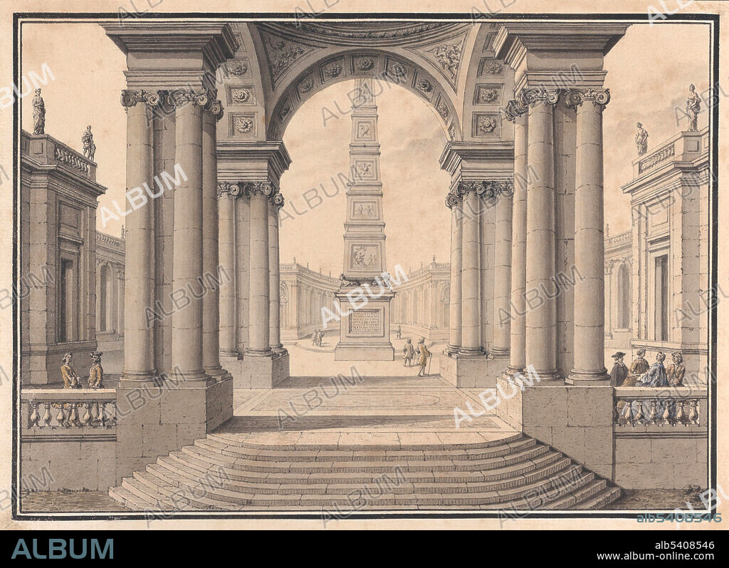 Architecture in the 1700's. Obelisk in the center of an architectural capriccio. Created with pen and ink with wash. French artist Louis Joseph Le Lorrain (1715–1759).