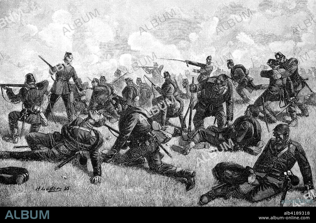Military people in the Franco-Prussian War 1870 - 1871, Guards Rifles Battalion at the Battle of Gravelotte, in France called Bataille de Saint-Privat, was a battle in the Franco-Prussian War, reproduction of a woodcut from 1882, digital improved.