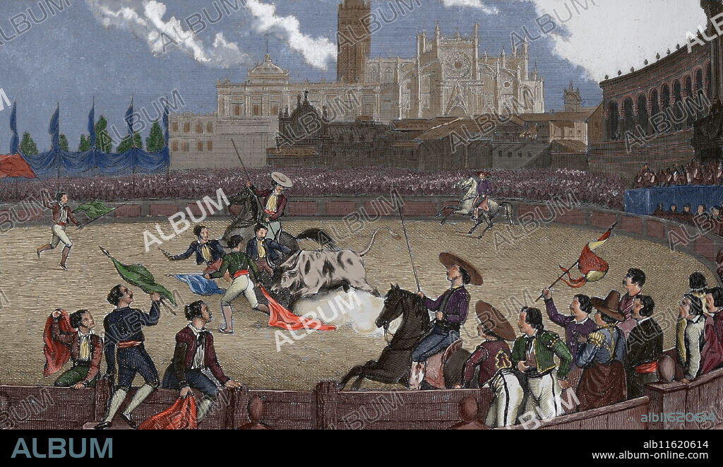 HENRY WINKLES and JOHAN GEORGE HECK. Andalusia. Seville. Spanish bull-fight. Engraving. Iconographic Encyclopaedia of science, Literature and Art. 19th century. Later colouration.