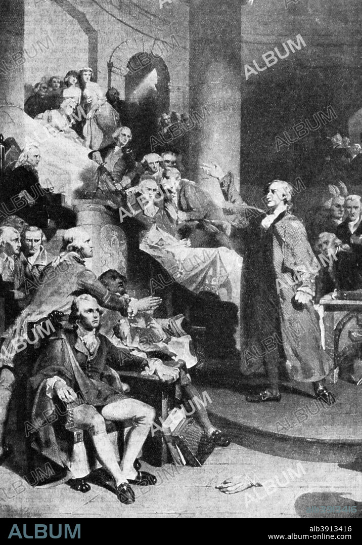 Patrick Henry (1736-1799), American revolutionary, delivering his famous speech in the House of Burgesses, Richmond, Virginia, USA, 1775 (1935). Henry was a prominent figure in the American Revolution, known and remembered primarily for the speech he made in the House of Burgesses on March 23, 1775, urging legislature to take military action against the encroaching British military force. The House was undecided as to whether to send troops or not, but was leaning toward not committing troops. As Henry stood in Saint John's Church in Richmond, Virginia, he ended his speech with his most famous words: Is life so dear, or peace so sweet, as to be purchased at the price of chains and slavery? Forbid it, Almighty God! I know not what course others may take; but as for me, give me liberty or give me death! Along with Samuel Adams and Thomas Paine, he was one of the most influential (and radical) advocates of the American Revolution and republicanism, especially in his denunciations of corruption in government officials and his defence of historic rights. From A Concise History of the World, introduction by Sir John AR Marriott (Associated Newspapers Ltd, 1935).
