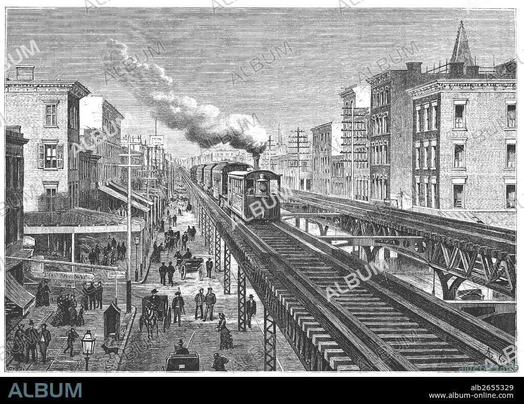 Ferrocarril aéreo a doble via, circulando por la Séptima Avenida de New York, grabado de 1872.