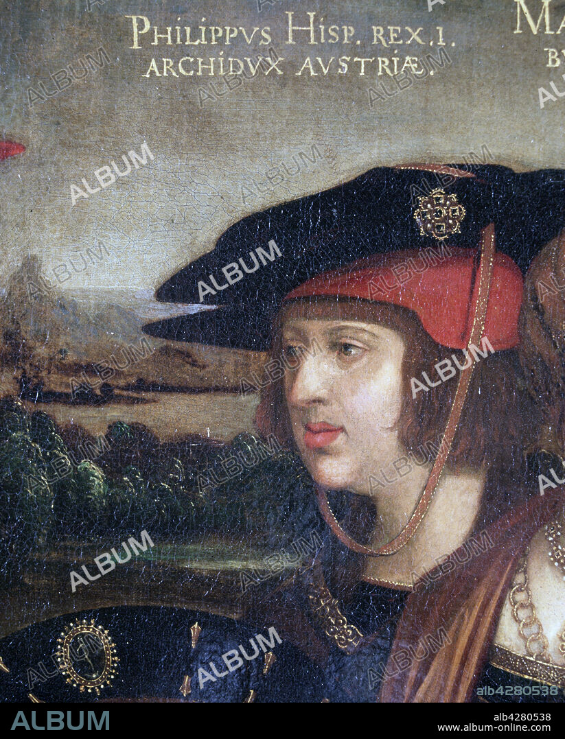 BERNHARD STRIGEL (1461-1528). FELIPE I " EL HERMOSO" ( 1478 - 1506 ) REY DE LOS PAISES BAJOS Y DE CASTILLA POR SU MATRIMONIO CON JUANA LA LOCA DETALLE DEL OLEO " MAXIMILIANO Y SU FAMILIA " REALIZADO POR STRIGUEL 1515 MUSEO DE LA REAL ACADEMIA DE BELLAS ARTES DE MADRID.