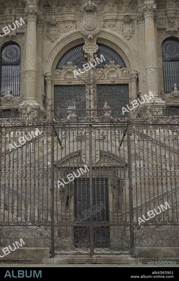Catedral de Santiago (Obradoiro). Fachada principal, concebida en 1738 por el arquitecto español Fernando Casas y Novoa (m.1749). Detalle. Santiago de Compostela. Provincia de A Coruña. Galicia. España.