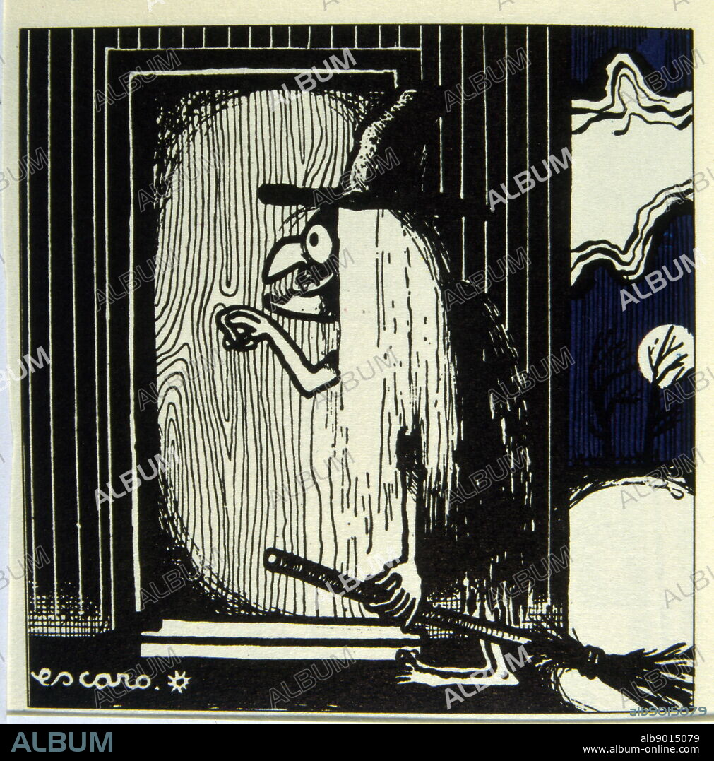 Black and white image of a witch knocking at the door illustrated by Escarot.