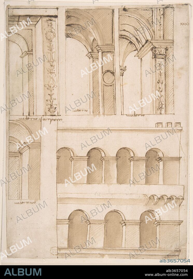 ANONYMOUS, ITALIAN, 16TH CENTURY (BACCIO PONTELLI?) (ITALIAN, ACTIVE CENTRAL ITALY, CA. 1550-1580). Architecture Study containing Details of One or Several Buildings (possibly part of the street-facing architecture of old Saint Peter's Square in Rome). Artist: Anonymous, Italian, 16th century (Italian, active Central Italy, ca. 1550-1580) (Baccio Pontelli ?). Dimensions: 10-5/8 x 7-3/4 in.  (27.0 x 19.7 cm). Date: 1490-1510.