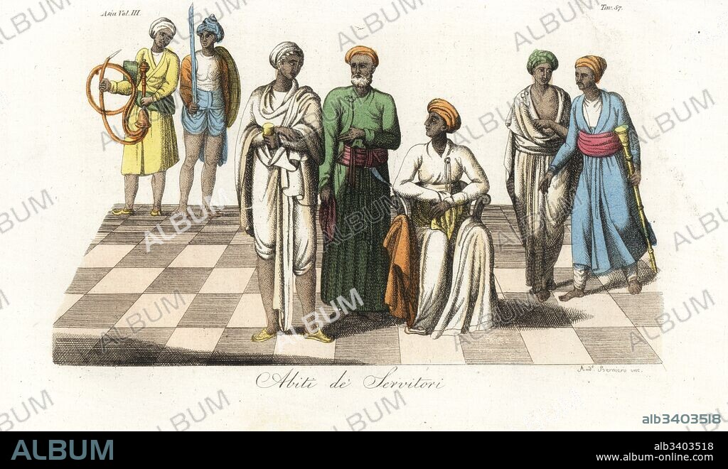Indian servants' clothes: hukabardar or hookah pipe bearer, caukidar or watchman, serkar or steward, jamadar or head servant, seated banian or chief servant comptroller, chobdar or mace bearer. Handcoloured copperplate drawn and engraved by Andrea Bernieri after Francois Solvyns from Giulio Ferrario's Ancient and Modern Costumes of all the Peoples of the World, Florence, Italy, 1844.