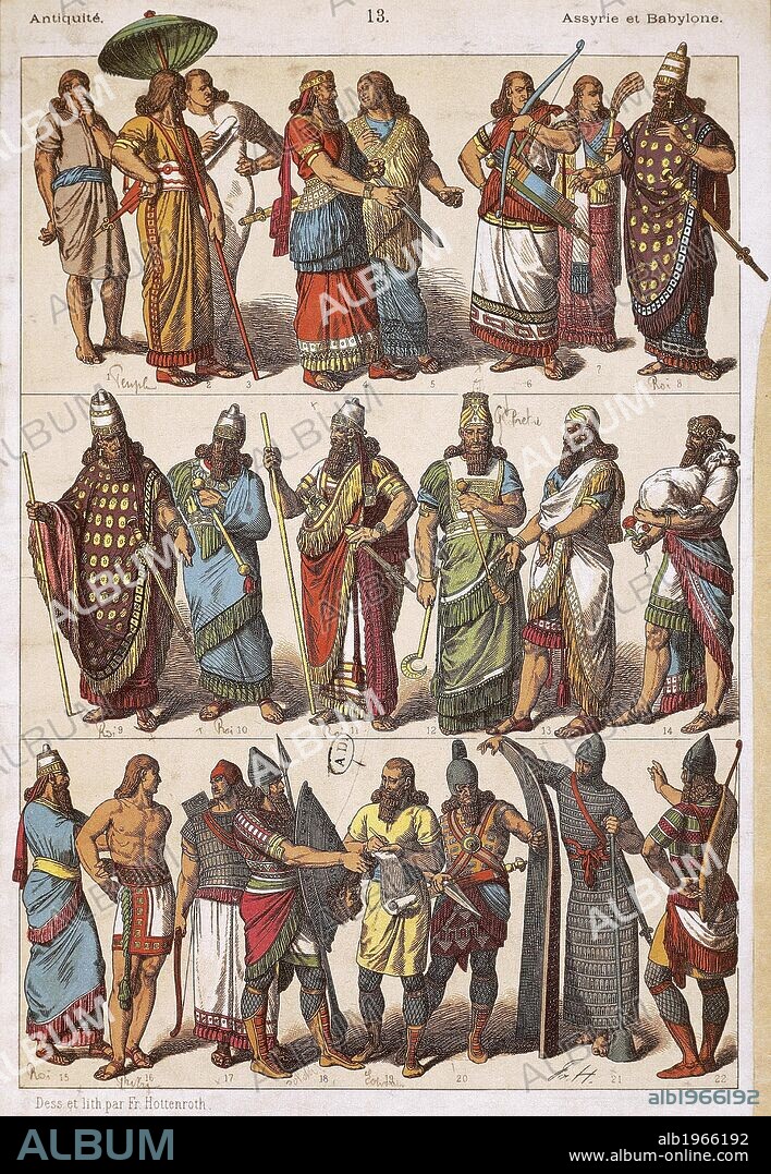 The costumes of the Assyrians and Babylonians, by Friedrich Hottenroth (1840-1917), lithograph. Assyro-Babylonian civilisation.