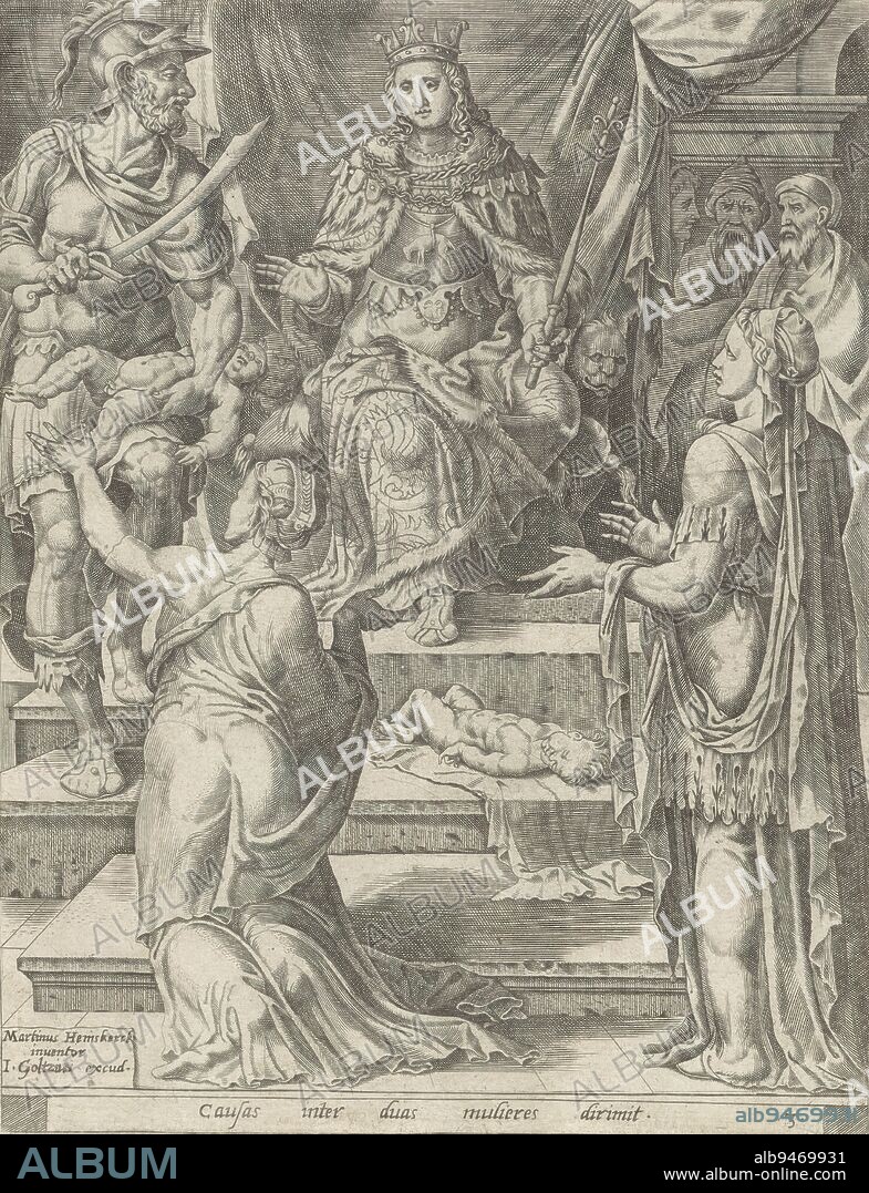 Judgment of Solomon, Story of Solomon (series title), Two women both claim to be the mother of a still living baby and ask Solomon for his judgment. Solomon sits on his throne. Before him the two mothers. The soldier next to him is about to cut the baby in half, whereupon the left mother kneels with her arms raised in protest. The other, deceased baby lies on the steps in front of the throne. Below in the margin a one-line caption in Latin., print maker: anonymous, print maker: Pieter van der Heyden, (attributed to), after design by: Maarten van Heemskerck, (mentioned on object), print maker: Low Countries, print maker: Antwerp, publisher: Antwerp, 1560 - 1595, paper, engraving, height 255 mm × width 199 mm.