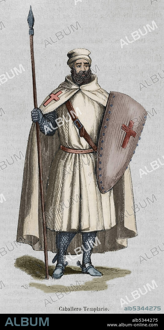 CODERCH. SPANISH ARTIST,19TH CENTURY. Orden monástica militar católica del Temple. Caballero templario. Grabado por Coderch. Coloreado. Historia General de España por el padre Mariana. Madrid, 1852.