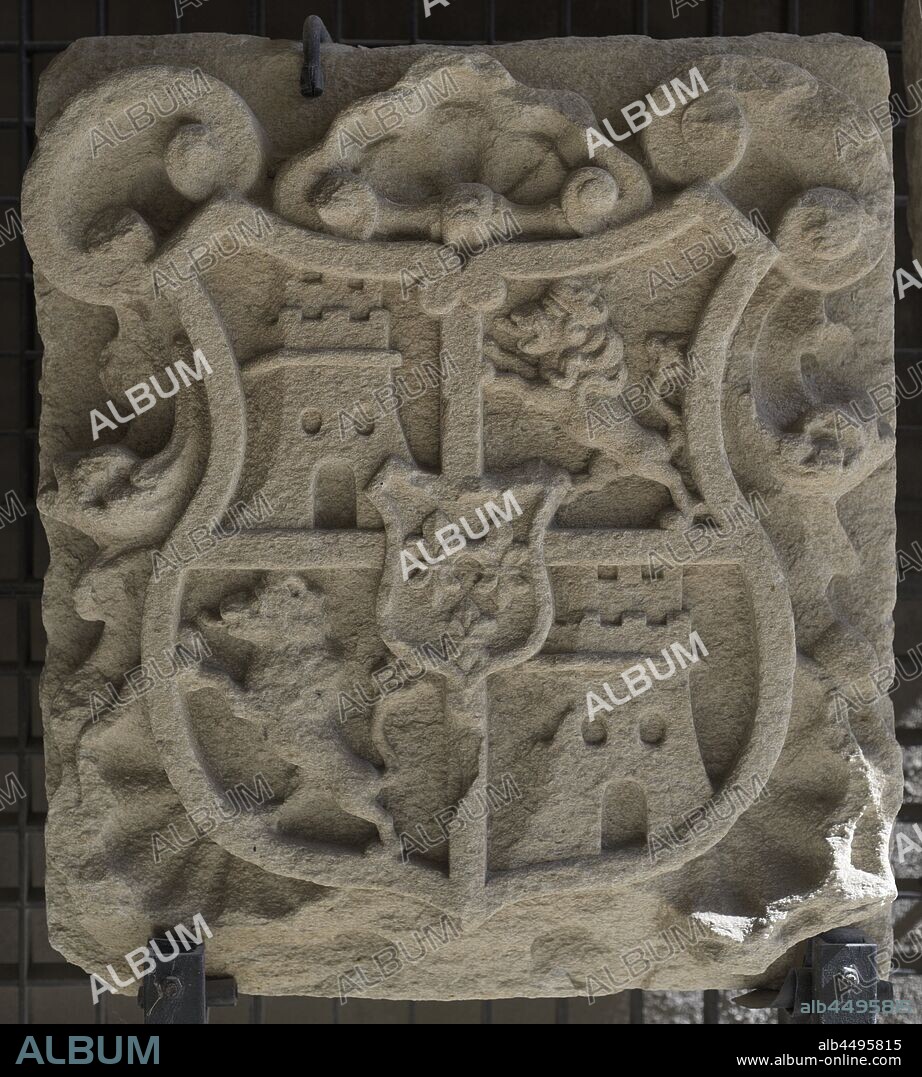 Royal Coat of Arms of Spain with the Bourbon emblem. 18th century. From the wall of La Coru–a (Galicia, Spain). Archaeological and History Museum (San Anton Castle). A Coru–a, Galicia, Spain.
