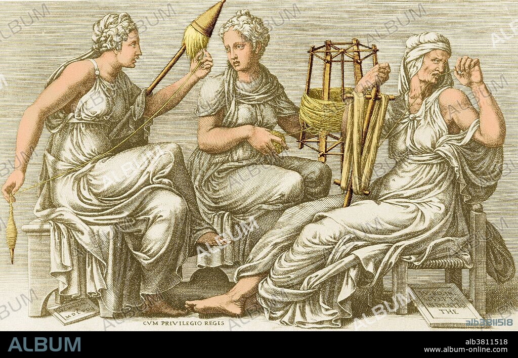The Three Fates (Clotho, Lachesis, and Atropos) by the Italian artist Giorgio Ghisi (1520-82). In Greek mythology, the Fates (called the Moirae) were the incarnations of destiny.  They spent their time spinning, measuring and cutting the thread of life.