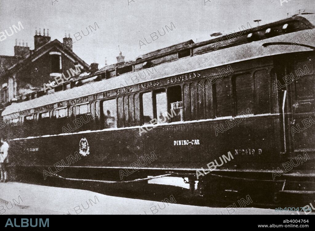 Railway carriage in which the Armistice ending World War I was signed, c1918. The Armistice was signed in the carriage, which was the personal carriage of Allied Commander Marshal Ferdinand Foch, at Compiegne, France, on 11 November 1918. In 1940 Hitler humiliated the French by using the same carriage as the location for the signing of their surrender to Nazi Germany.