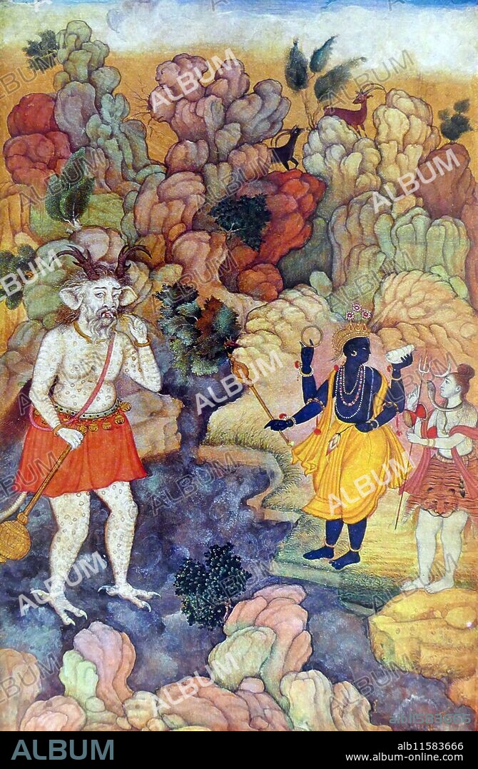 Painting depicting Vishnu and Shiva standing by a torrent from which appears a monster demon. Dated 17th Century.