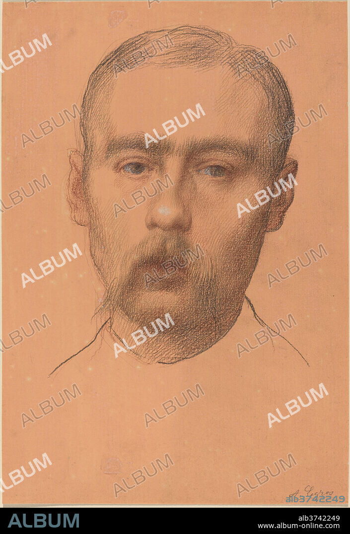ALPHONSE LEGROS. Head of a Man  (Possible Portrait of Professor E.D. Adams). Dimensions: overall: 28.4 x 19.5 cm (11 3/16 x 7 11/16 in.). Medium: black and red chalk with yellow-green crayon, heightened with white, over graphite on orange-pink prepared paper.