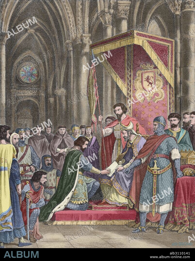 Alfonso VI (1040-1109), the Brave. King of Leon, Castile and Galicia. Oath of Santa Gadea, 1072. Alfonso VI and El Cid. Engraving in History of Spain, 19th century. Colored.