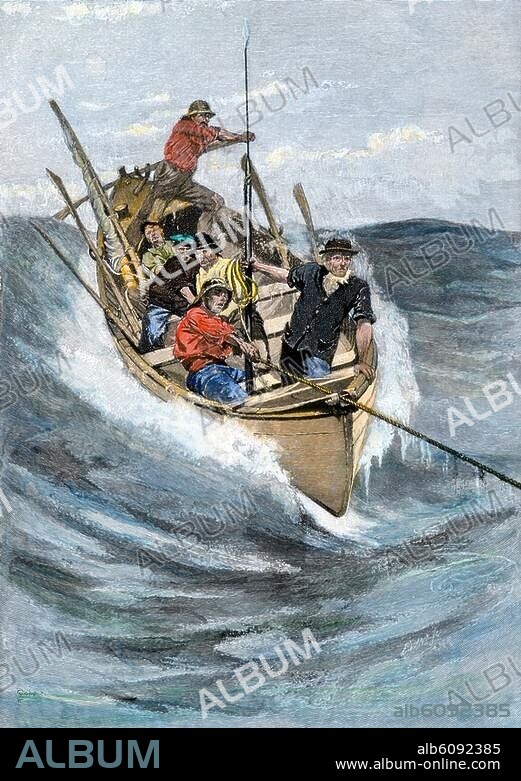 Nantucket sleighride in which a longboat is pulled by a harpoon line lodged in a whale. Handcolored woodcut of a 19thcentury illustration.