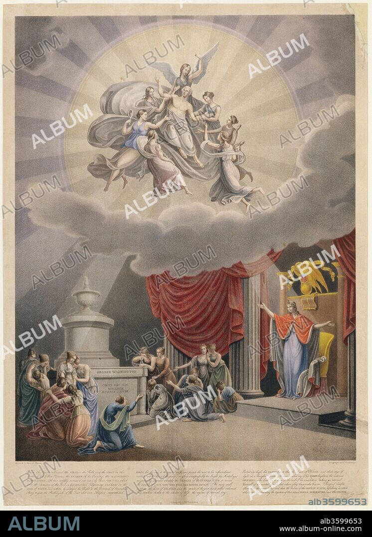 Apotheosis of George Washington. Artist: After Samuel Moore (American (?), active 19th century). Dimensions: Image: 23 1/8 x 17 3/4 in. (58.8 x 45.1 cm)
Sheet: 26 1/16 x 19 in. (66.2 x 48.3 cm). Lithographer: Heinrich Weishaupt (German, 1810-1883). Printer: Johann M. von Hermann (Austrian, Vienna 1793-1855 Munich). Sitter: George Washington (American, 1732-1799). Date: 1830-50.
The inscription below the image precisely describes the iconography of the scene: Washington is carried to the heavens by Faith and Love, while Hope leads "the way to the seat of bliss." The brightest ray of light emanating from Washington shines down on Columbia and "rays of comfort illuminate the countenance and cheer the bosoms of the Orphan States, dissolving in sorrow at his Tomb.".