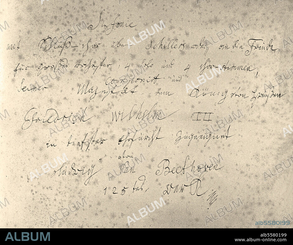 Beethoven, Ludwig van Composer, 1770-1827. Works: Symphony No. 9, D minor, with the final choir on Schiller's "Ode to Joy". (op. 125; FP Vienna, 7th of May, 1824). Autographic title page of the score with dedication to Frederick William III of Prussia. Berlin, Staatsbibliothek Preußischer Kulturbesitz.