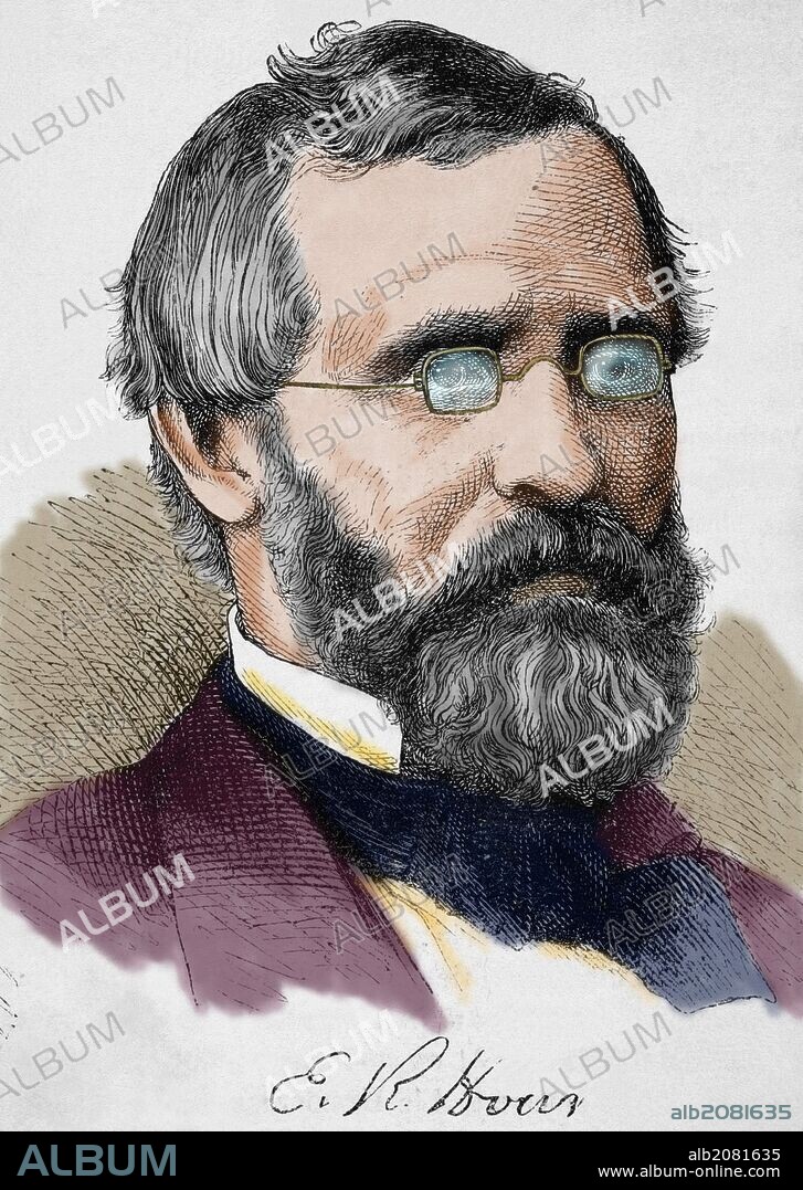 Ebenezer Rockwood Hoar (1816-1895). Was an influential American, lawyer, and justice from Massachusetts. He was appointed U.S. Attorney General in 1869 by President Ulysses S. Grant. Engraving by The Spanish and American Illustration, 1870. Colored.