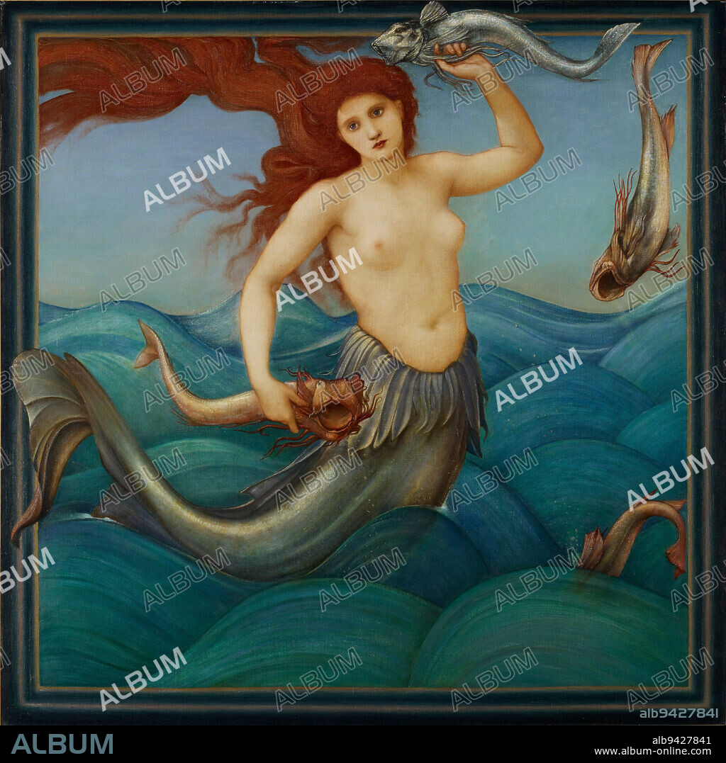 A Sea-Nymph, 1881, Edward Coley Burne-Jones, British, 1833 - 1898, 47 3/4 x 47 3/4 in. (121.29 x 121.29 cm) (sight)55 x 55 x 3 5/8 in. (139.7 x 139.7 x 9.21 cm) (outer frame), Oil on canvas, England, 19th century, Edward Burne-Jones became a founding member of William Morriss decorative art firm in 1861, where he produced countless designs and illustrations for books, tapestries, ceramic tiles, mosaics and stained glass. In 1862, he traveled to Italy where he was introduced to Botticelli, whose formal patterning profoundly influenced his subsequent development as a painter. His typical subject matter derived from medieval and classical legends charged with symbolism. In fact, he was pre-eminent in the Aesthetic movement in England and the Symbolist movement in Europe. A defining characteristic of Burne-Jones as an artist was his willful blurring of the boundaries between his painting and his decorative work, something quite evident in the conception of Sea-Nymph.