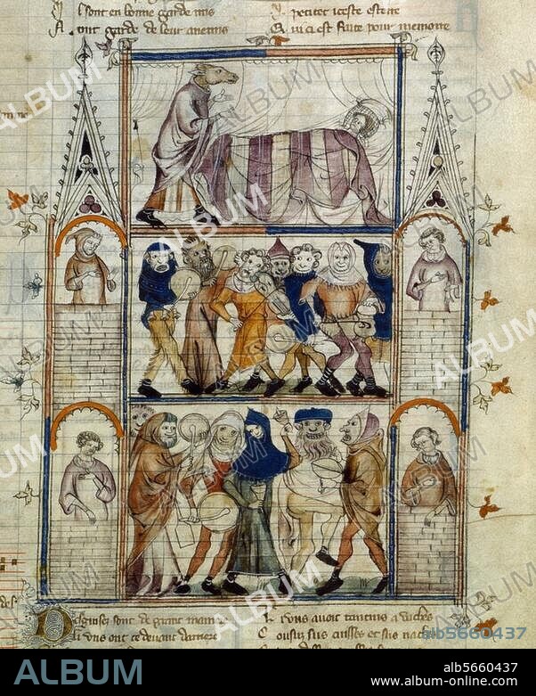 Kalenderfeste:. Karneval. "Charivari". (Mummenschanz mit Katzenmusik). Buchmalerei, französisch, 14. Jahrhundert. Illustration zu dem "Roman de Fauvel", geschrieben 1310-14. von Gervais du Bus. Ms. français 146, fol. 34. Paris, Bibliothèque Nationale.