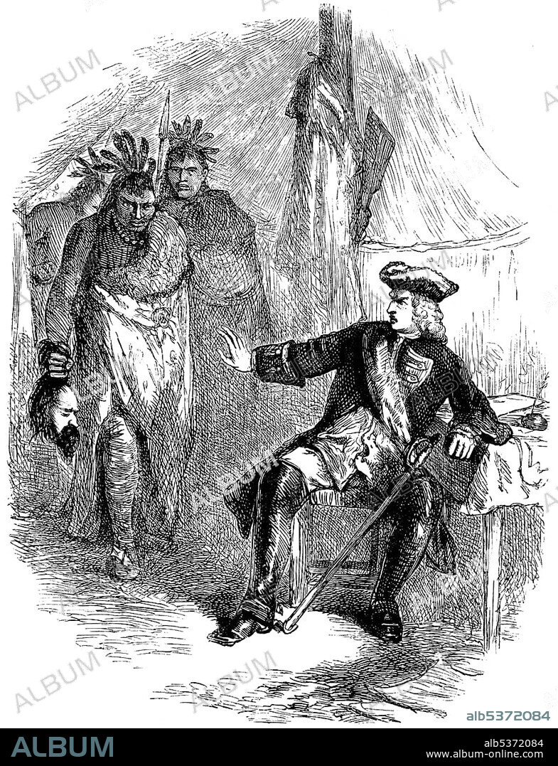 Historical drawing, US-American history, 18th century, Chickasaw Indians, who federalized with the English, bringing a severed head of a Spanish soldier to James Edward Oglethorpe, 1696 - 1785, a British general and philanthropist, Georgia, USA, 1742