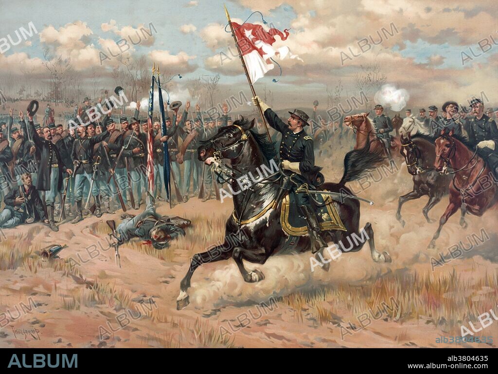 Entitled: "Sheridan's ride" showing Sheridan making his famous ride from Winchester. The Battle of Cedar Creek, fought October 19, 1864, was the culminating battle of the Valley Campaigns of 1864 during the American Civil War. Confederate Lt. General Jubal Early launched a surprise attack against the encamped army of Union Major General Philip Sheridan, across Cedar Creek, northeast of Strasburg, Virginia. During the morning fighting, seven Union infantry divisions were forced to fall back and lost numerous prisoners and cannons. Early failed to continue his attack north of Middletown, and Sheridan, dramatically riding to the battlefield from Winchester, was able to rally his troops to hold a new defensive line. A Union counterattack that afternoon routed Early's army. At the conclusion of this battle, the final Confederate invasion of the North was effectively ended. The stunning Union victory aided the reelection of Abraham Lincoln and won Sheridan lasting fame. Artwork by Thure de Thulstrup, chromolithograph published by L. Prang & Company, 1886.