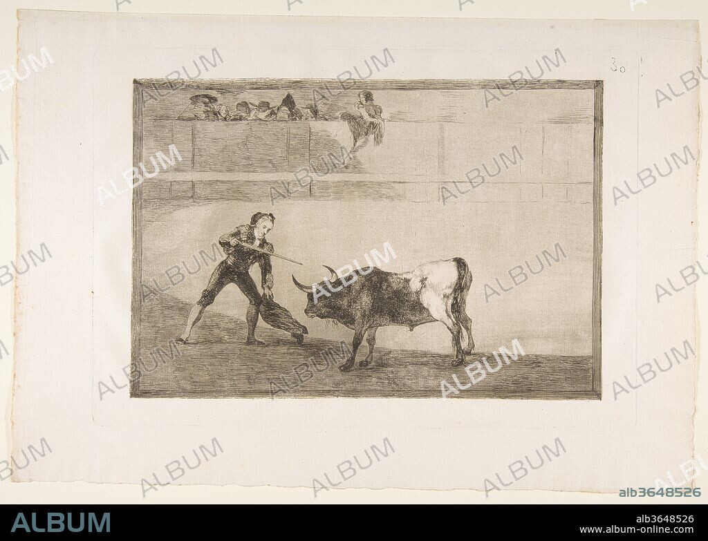 Plate 30 of  the 'Tauromaquia': Pedro Romero killing the halted bull. Artist: Goya (Francisco de Goya y Lucientes) (Spanish, Fuendetodos 1746-1828 Bordeaux). Dimensions: Plate: 9 3/4 × 13 3/4 in. (24.7 × 35 cm)
Sheet: 12 in. × 17 5/16 in. (30.5 × 44 cm). Date: 1816.