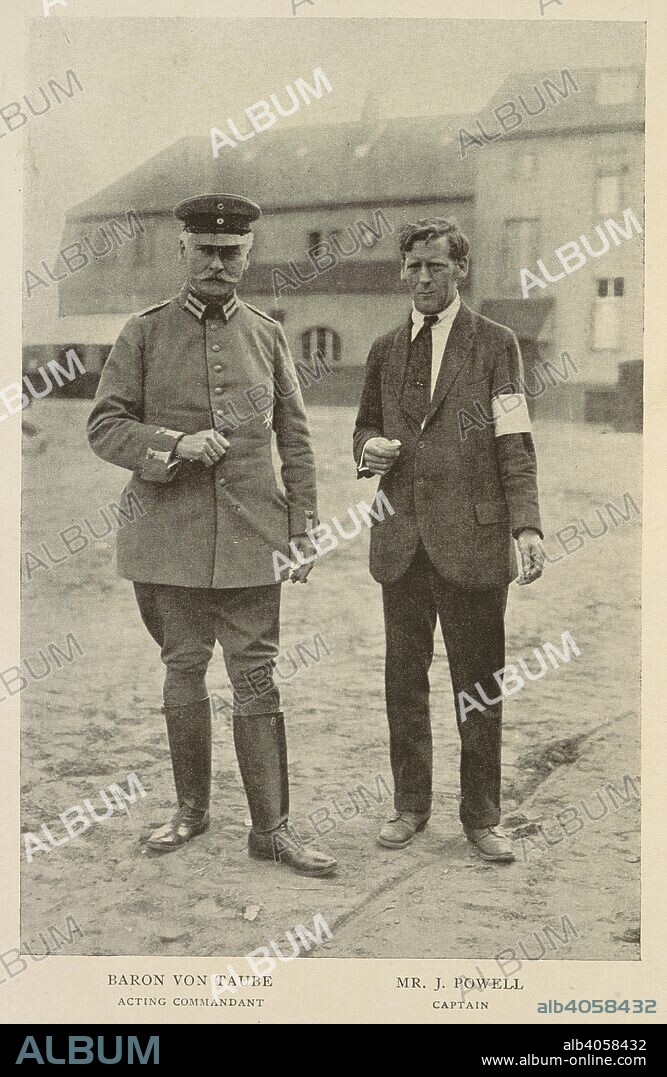 ISRAEL COHEN. Baron Von Taube, acting commandant and Mr J. Powell, Captain (representing the prisoners). Ruhleben internment camp was a civilian detention camp during the First World War. The camp was originally a harness racing track. The Ruhleben Prison Camp: a record of nineteen months' internment ... With twenty-six illustrations and a plan. London : Methuen & Co., 1917. Source: 9083.f.32.