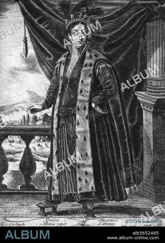 Ethnology / Turkey. "Afenidas Souveraine d'Athenes". (Athens as part of the Ottoman Empire). Copper engraving, 1648, by Noel Cochin. (1622-1695) after Georges de la Chappelle. From: Recueil de divers Portraits des principales Dames de la porte du grand Turc, Paris 1648. Berlin, Sammlung Archiv für Kunst und Geschichte.