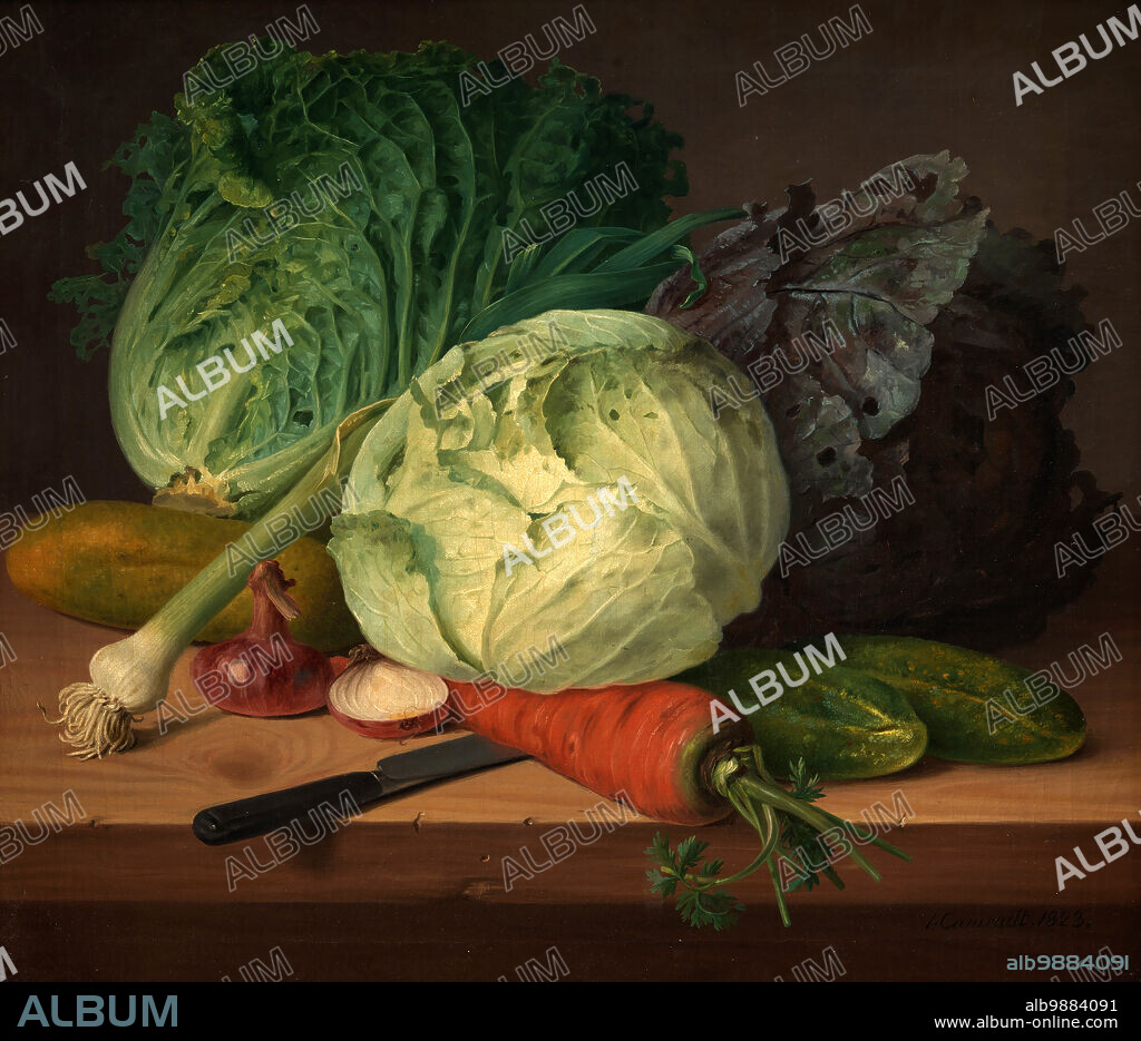 Still life with vegetables, cabbage, carrot, savoy cabbage, cucumber, onion, leek, painting by J.L. Camradt, Historic, digitally restored reproduction from a 19th century original.