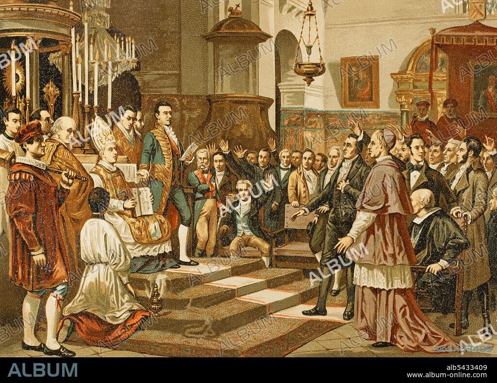 Historia de España. Cortes de Cádiz (1810-1814). Juramento de los diputados a las Cortes Generales y extraordinarias en 1810. Celebrado en la Iglesia Mayor parroquial (iglesia de San Pedro y San Pablo) en la Isla de León (San Fernando, Cádiz), el 24 de septiembre de 1810. Ilustración a partir del cuadro de Joaquín Casado del Alisal en 1863. Cromolitografía. Historia General de España, por Miguel Morayta. Tomo VI. Madrid, 1892.. "Juramento de las Cortes de Cádiz, 1810". El día 24 de septiembre de 1810, durante el sitio de Cádiz, en el contexto de la Guerra de Independencia Española, los diputados que redactaron la Constitución Española de 1812 juraron lealtad en la iglesia de San Pedro y San Pablo de San Fernando. Cromolitografía. Historia General de España, por Miguel Morayta. Tomo VI. Madrid, 1892.