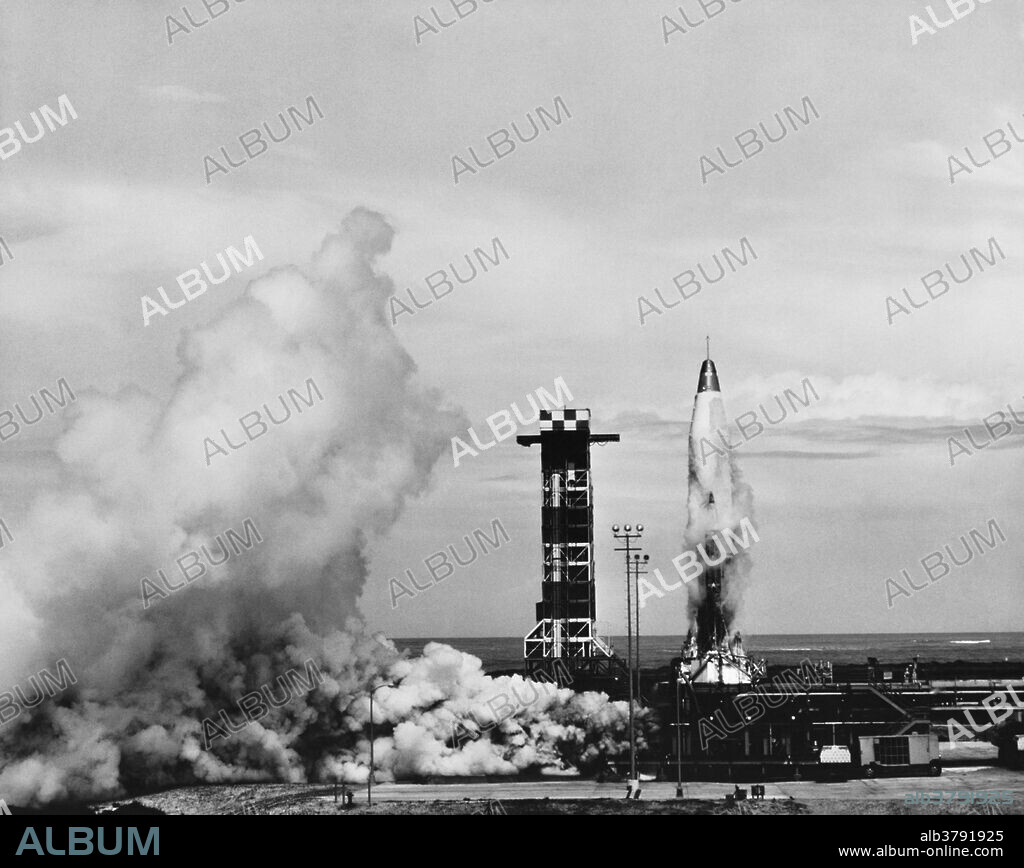 Test launch of Atlas ICBM (Intercontinental Ballistic Missile), Air Force Missile Test Center, Cape Canaveral, Florida.