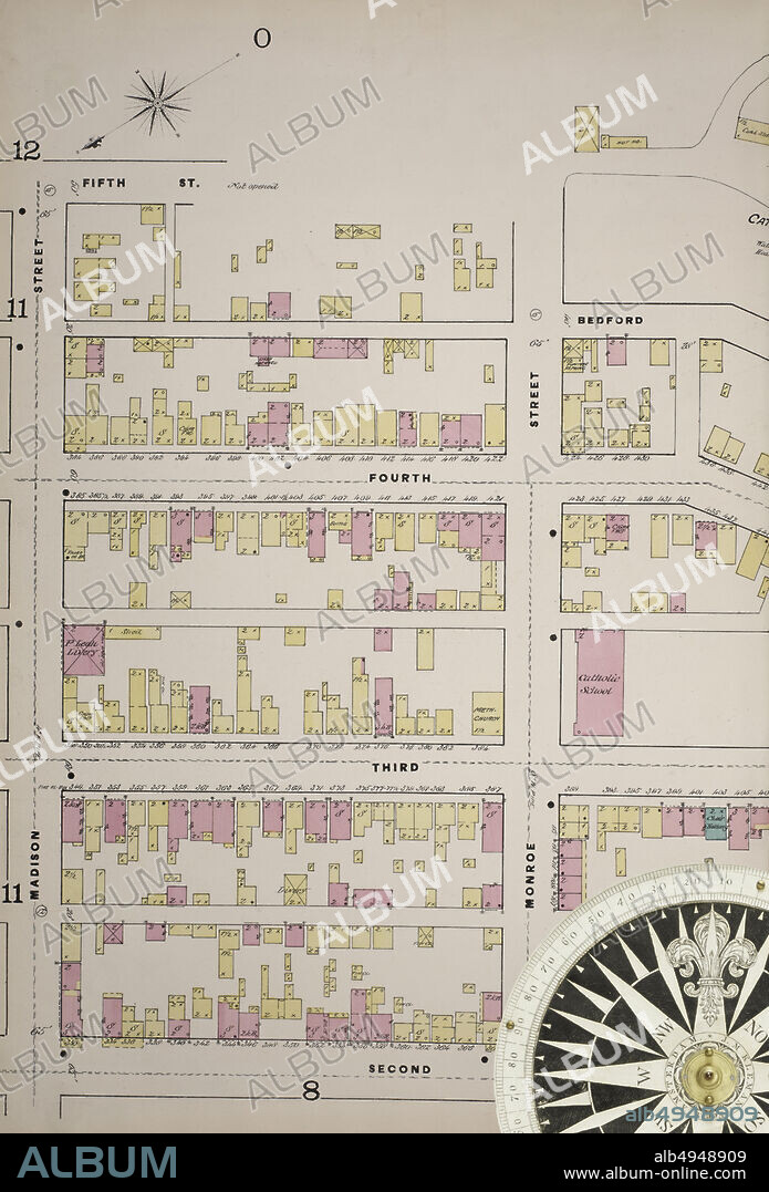 Image 19 of Sanborn Fire Insurance Map from Troy, Rensselaer County, New York. 1885-1904 1885 Vol. 1. 55 Sheet(s). Double-paged plates numbered 1-26. Bound, America, street map with a Nineteenth Century compass.