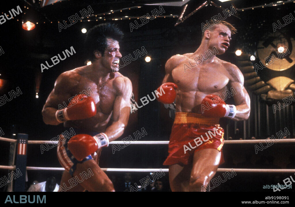 DOLPH LUNDGREN et SYLVESTER STALLONE dans ROCKY IV, 1985, réalisé par SYLVESTER STALLONE. Copyright M.G.M/UNITED ARTIST.