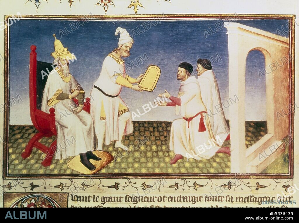 Italy China Kublai Khan giving his golden seal to the Polos at his capital of Cambaluc. i Le Livre des Merveilles i early 15th century. Album alb5536435