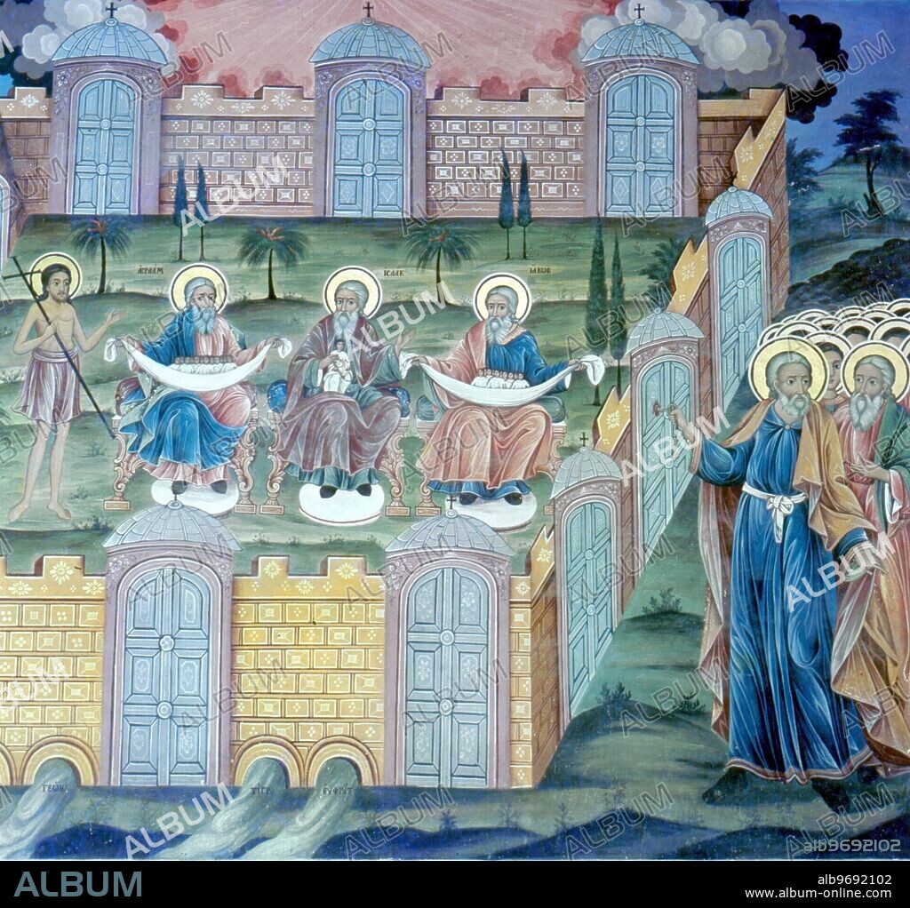 Peter unlocks the gates of heaven with golden key and Jesus joins Abraham Isaac and Jabob.