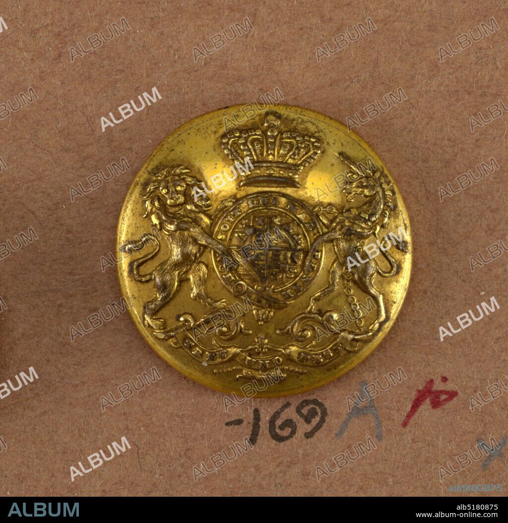 Button, Brass, Button showing coat of arms: heraldic devices surrounded by a band with 'Honi soit qui mal y pense', lion and unicorn supporters, crown above and below, ribbon with 'Treu und fest.' Brass back and shank. On reverse, 'Firmin and Son 153 Strand, London.', On card i80, England, 19th century, costume & accessories, Decorative Arts, Button.