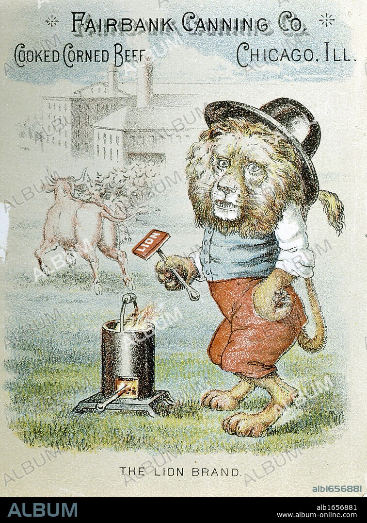 Trade card for the Fairbank Canning Company, Chicago, Illinois, c1890. Lion Brand corned beef. In background, cattle are entering abattoir and canning factory. Chromolithograph.