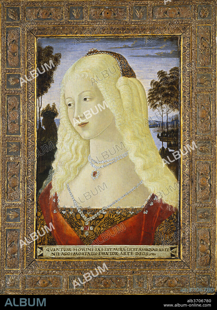 NEROCCIO DE' LANDI. Portrait of a Lady. Dated: c. 1485. Dimensions: painted surface: 47 x 30.5 cm (18 1/2 x 12 in.)  overall (engaged frame): 61.8 x 45.6 x 5.2 cm (24 5/16 x 17 15/16 x 2 1/16 in.). Medium: tempera on pine panel.