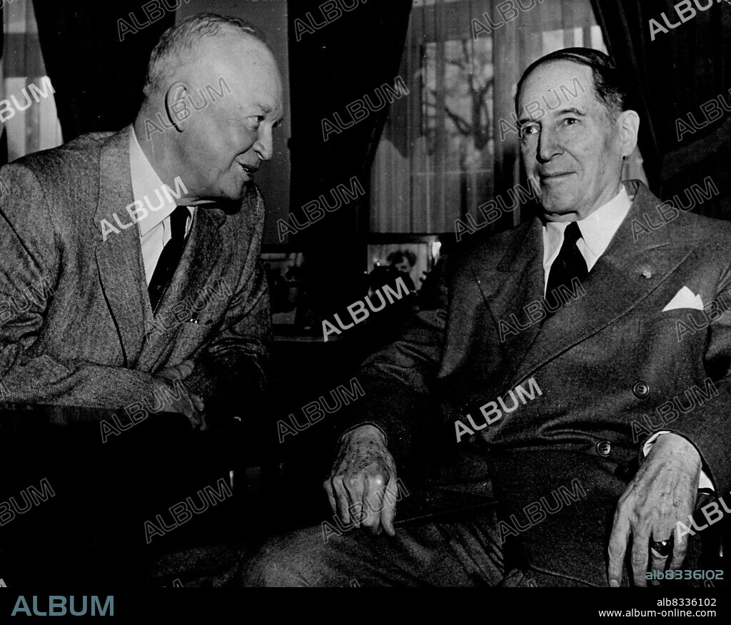 General MacArthur and President Eisenhower - They are seen in the President's private office at the White House, Washington. April 12, 1954. (Photo by Camera Press).