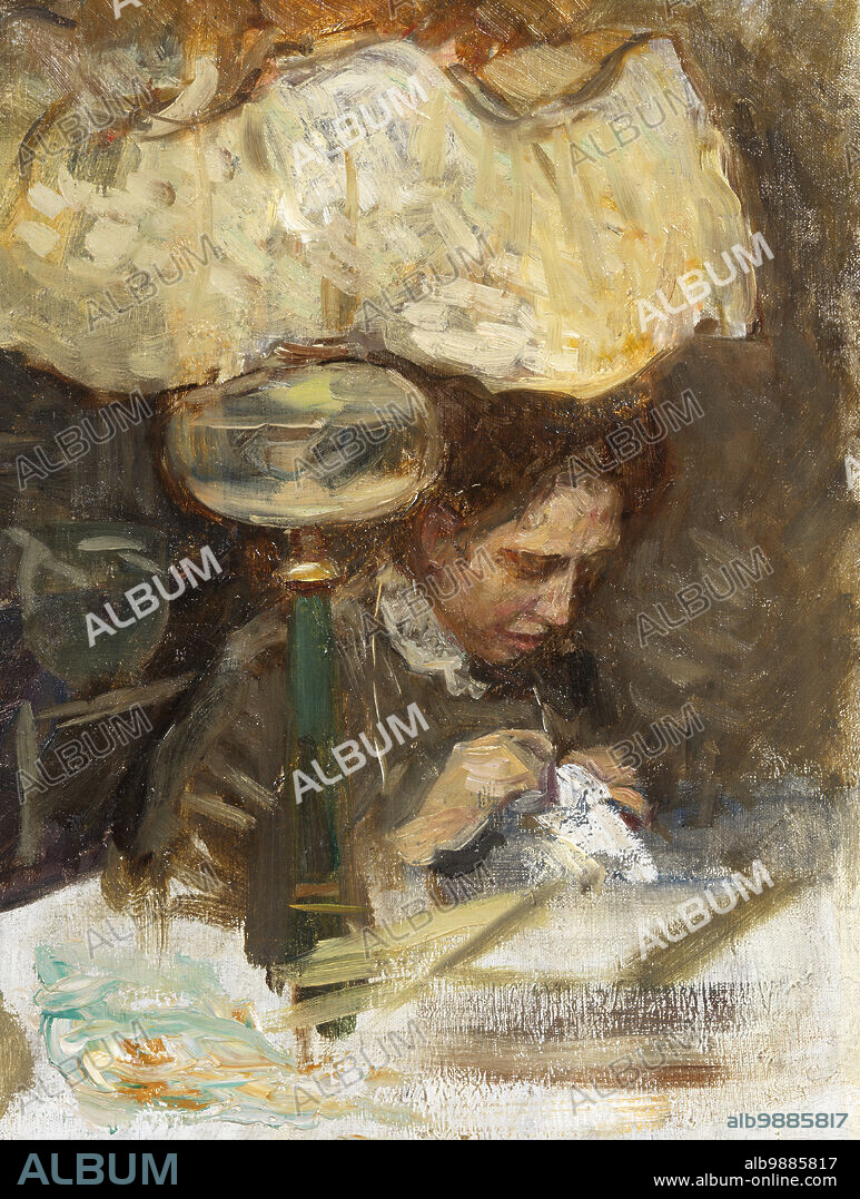 HANNA PAULI. Study for Friends - Nanna Bendixson,  c.1907. Swedish painter sewing in the light of a kerosene lamp.