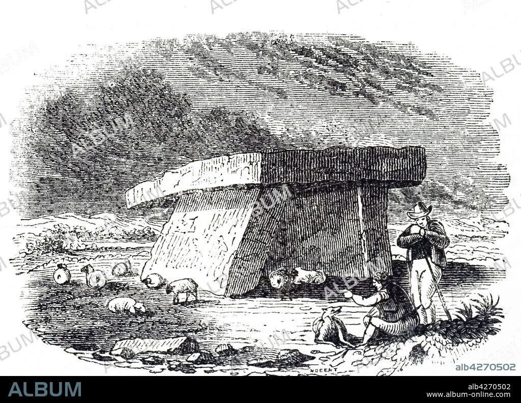 Engraving depicting a megalithic dolmen, a type of single-chamber tomb, usually consisting of two or more vertical megaliths supporting a large flat horizontal capstone. Dated 19th century.