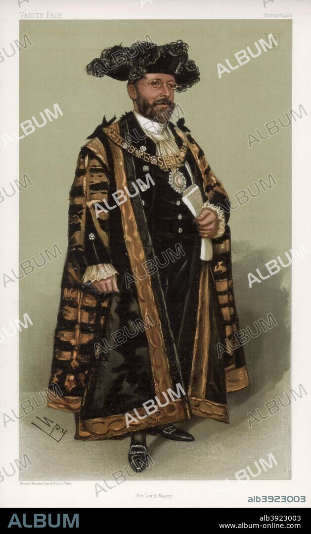 'The Lord Mayor', 1902. Sir Joseph Cockfield Dimsdale, Lord Mayor of London, wearing his mayoral robes and chain of office. Cartoon from Vanity Fair, 23rd October 1902.