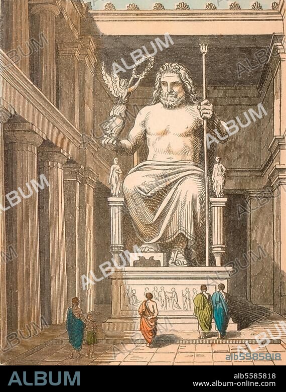 Olympia (Greece), Temple of Zeus. - "Zeus statue in the temple at Olympia". (Sculpture by Phidias, c. 440/30 BC; one of the Seven Wonders of the World). Woodcut, coloured, after a drawing, c. 1865, by Heinrich Leutemann (1824-1905). No. VII of the series: Bilder aus dem Alterthume, Munich (Braun & Schneider). Munich Bilderbogen no. 377. Berlin, Sammlung Archiv für Kunst und Geschichte.