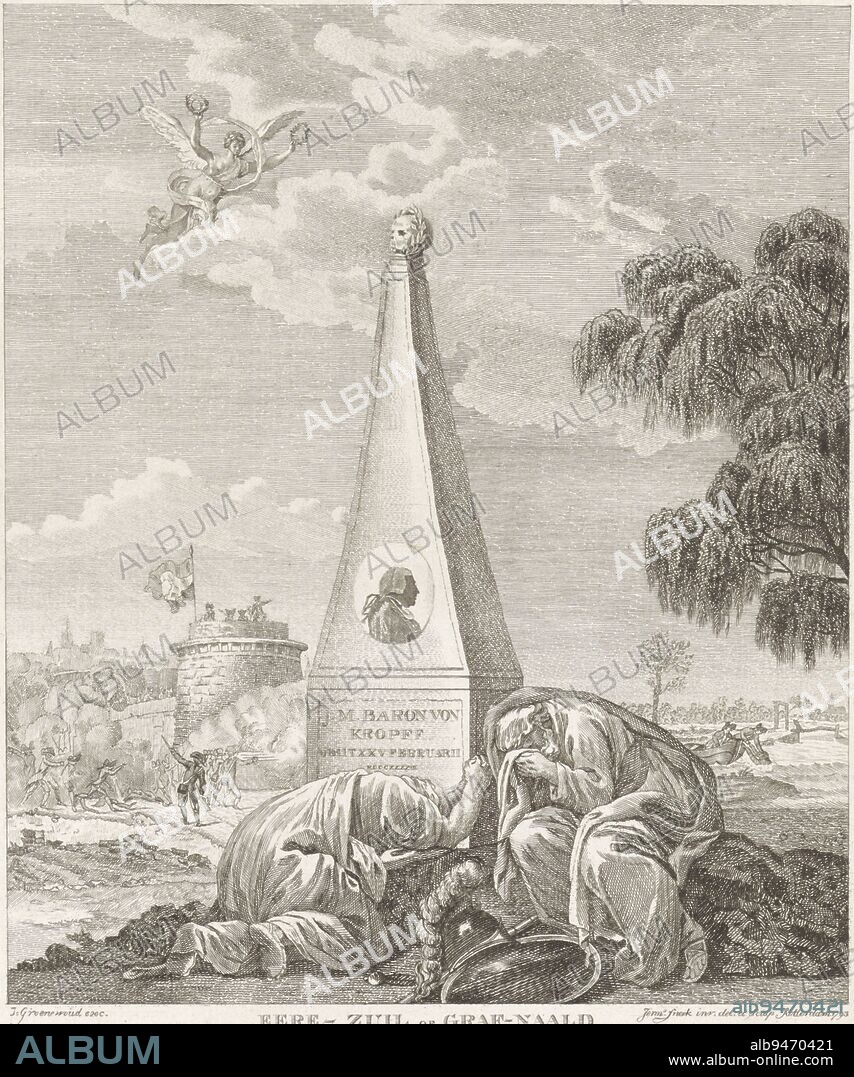 Allegorical monument to Joachim Maurice Baron of Kropff, killed during the defence of Klundert against the French army, 25 February 1793. In front of a burial needle two weeping figures bent forward, Constitution and Patriotism. In the sky the Fame with two wreaths. On with monument a medallion with portrait. In the background the defence of the fortress and the removal of his body from the water. In the caption an eight-line verse. Accompanying the print is an explanation, grave monument to Joachim Maurice's baron of Kropff Honorary Column or Grave Needle. Entitled in memory of (...) J.M. Baron von Kropff (...)., print maker: Jeremias Snoek, (mentioned on object), Jeremias Snoek, (mentioned on object), Carel Philip Sander, (mentioned on object), Rotterdam, 1793, paper, etching, engraving, h 250 mm × w 176 mm.