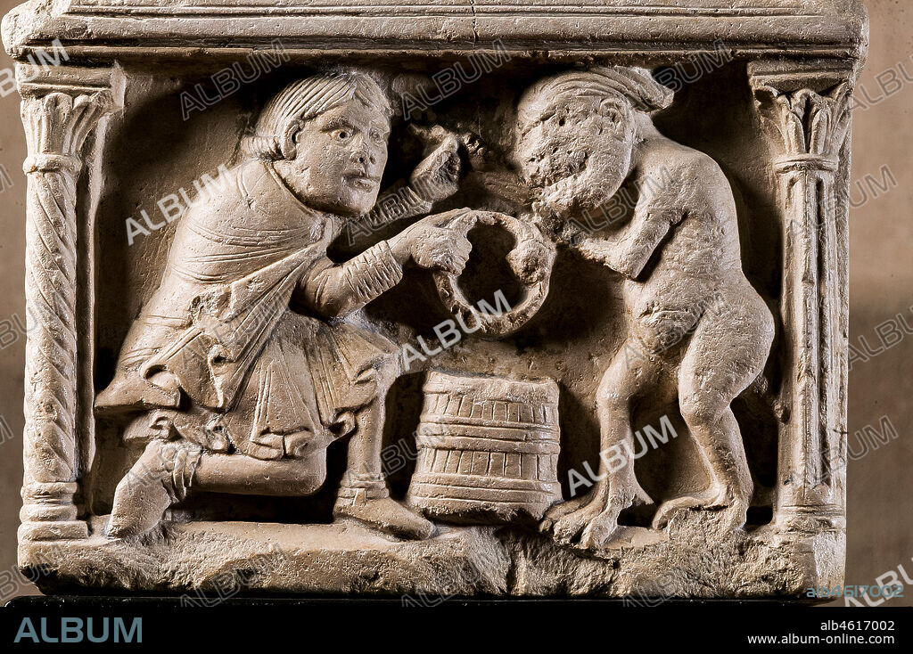 Modena, Civic Museum of Art: Holy water font depicting the legend of the pact between the Knight and the Devil, by an Emilia Romagna sculptor, beginning XII century. Marble. Detail.